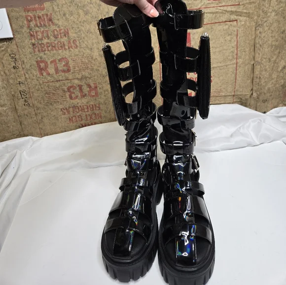 DOLLS KILL Club Exx black holographic stage‎ diver zip pouch gladiator sandals 9 - Picture 3 of 12